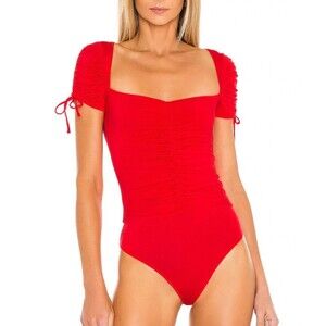 Lovers and Friends Jupiter Bodysuit Size S Red Square Neck Ruched Knit